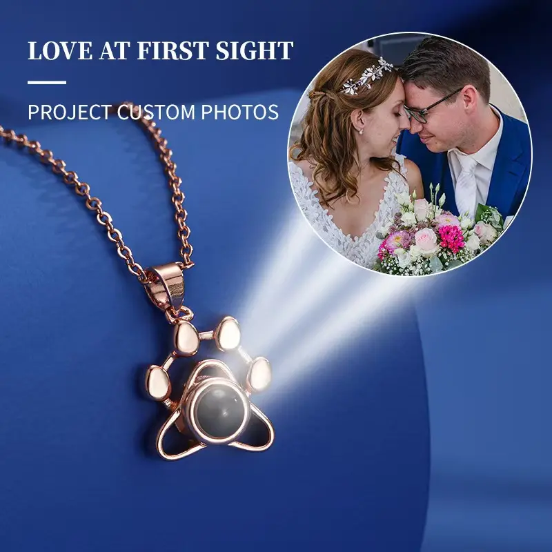 Statement Necklace for Women, Gold-Plated Camera Pendant with Purple Zircon, Personalized Engraved Photo Projection Jewelry