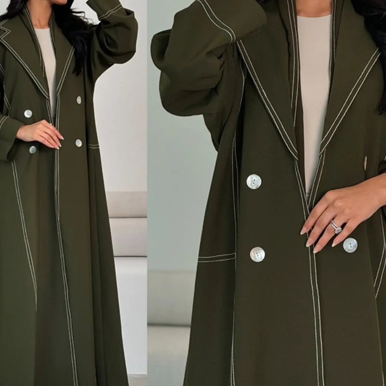 Stylish Olive Green Double-Breasted Abaya Coat - Lightweight Polyester, Long Sleeve, Middle Eastern-Inspired Design for Spring/Summer, Hand Wash Only