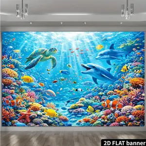 1PC,2D Flat Backdrop Underwater World Party Backdrop, Sea Turtle Dolphin Coral Fish Scene Decorative Banner, Suitable for Kids' Birthday Party, Festival Celebration, Photography Background Decoration