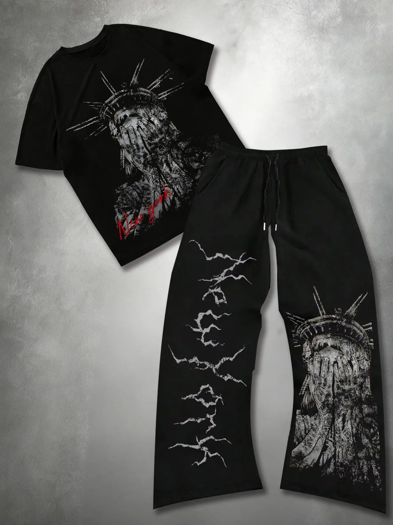 Men's Darkwear Grunge Streetwear Set, Graphic Tee Set, All Seasons - Oversized Graphic T-Shirt & Baggy Sweatpants with Distressed Statue of Liberty Print, Vintage Gothic Y2K, 2-Piece Outfit for Urban Aesthetic & Night Out, Menswear, Gothic Clothes