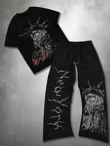 Men's Darkwear Grunge Streetwear Set - Oversized Graphic T-Shirt & Baggy Sweatpants with Distressed Statue of Liberty Print, Vintage Gothic Y2K 2-Piece Outfit for Urban Aesthetic & Night Out Menswear