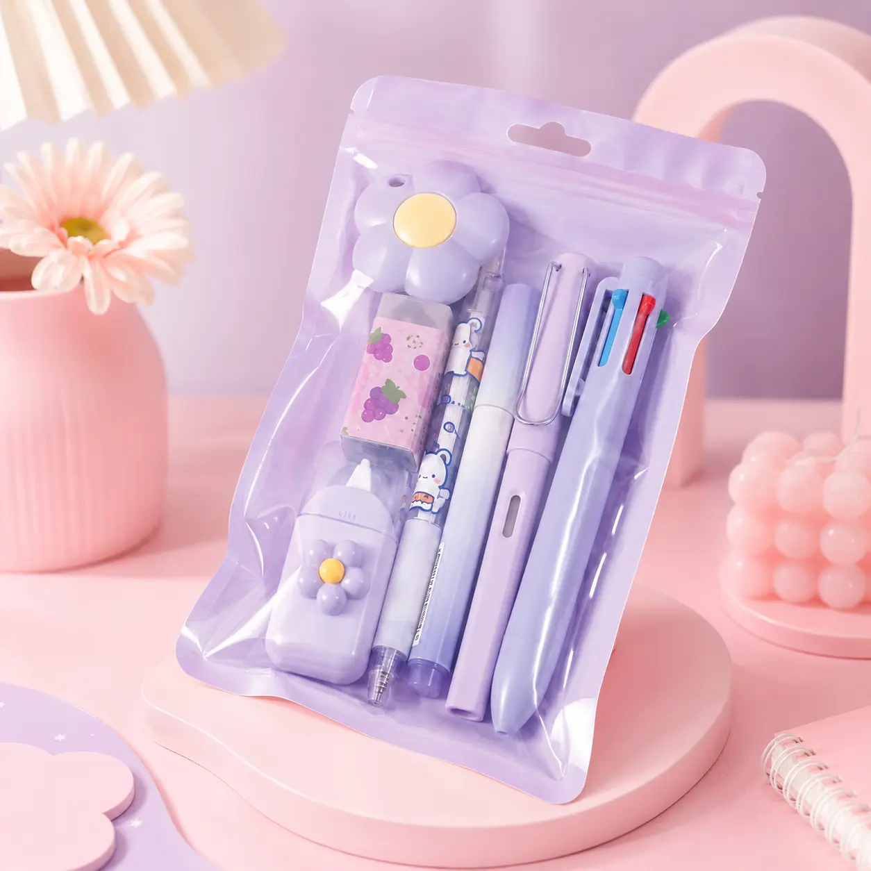 Purple Stationery Set with Assorted Pens, Eraser and Correction Tape in Reusable Storage Pouch, Cute Writing Supplies for Students, School, Journaling and Note Taking