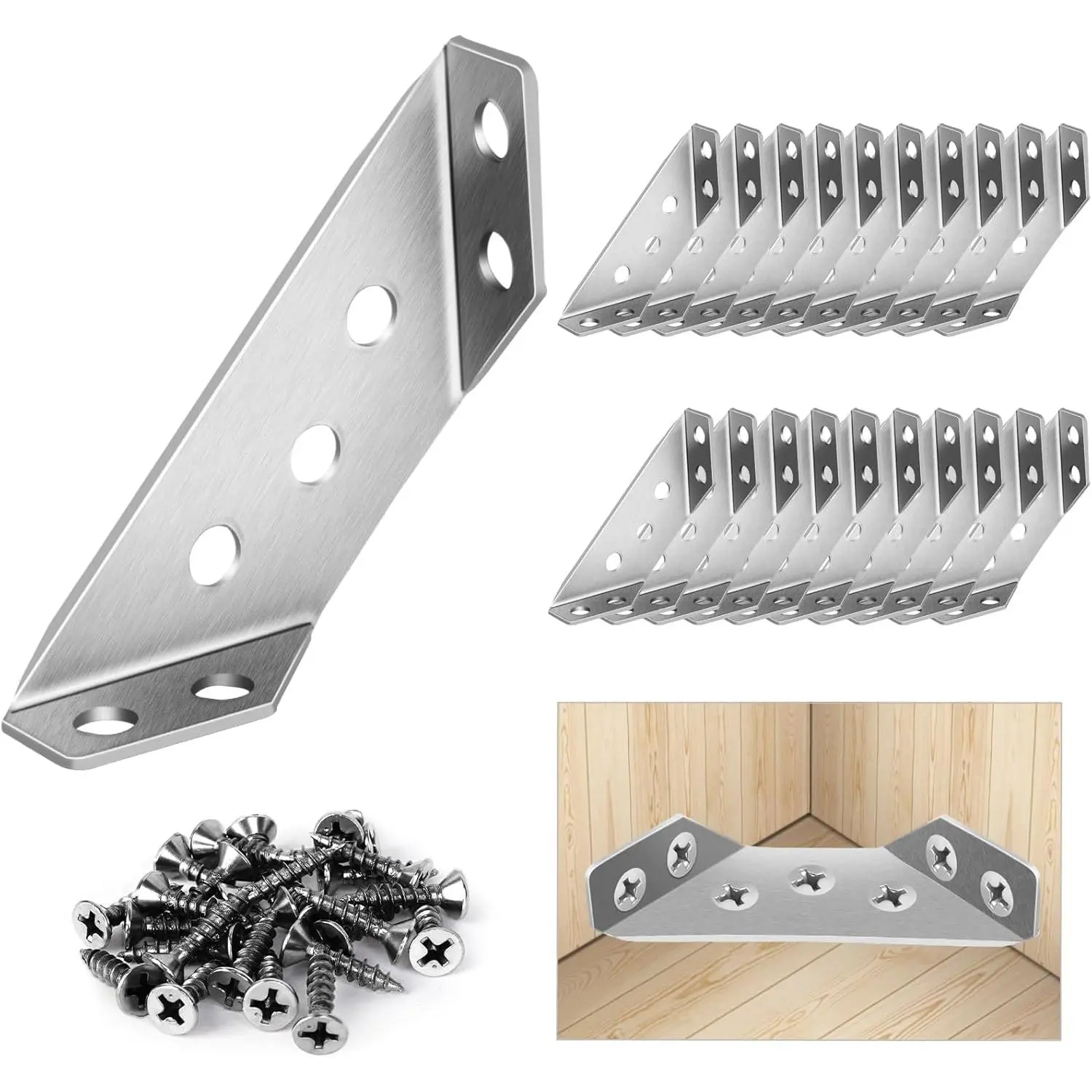 20 count Universal Stainless Steel Furniture Corner Connector, Angle Corner Bracket with Screws, Corner Braces, Corner Connectors for Shelves  Furniture Cabinets (20 Pcs)