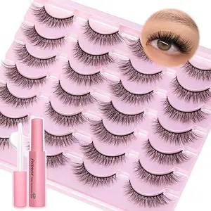 False Eyelashes 12mm Short Faux Mink Lashes Natural Look Fluffy Cat Eye Wispy Lashes Pack 14 Pairs (Lash Glue 8ml + Natural Lashes)