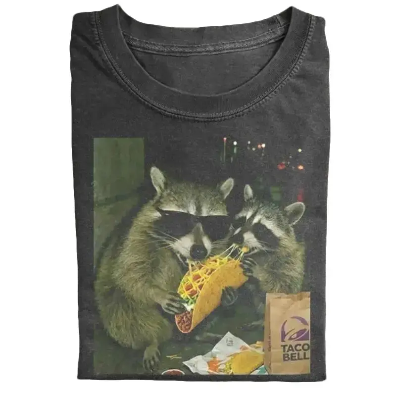 Raccoon Eating Taco Bell Meme T-Shirt, Funny Trash Panda Shirt, Hungry Raccoons Sharing Taco Bell Food Scene, Fast Food Humor Graphic Tee, Night Snack Animal Meme Gift, Unisex Cotton Crewneck T-Shirt Menswear Womenswear Streetwear Top