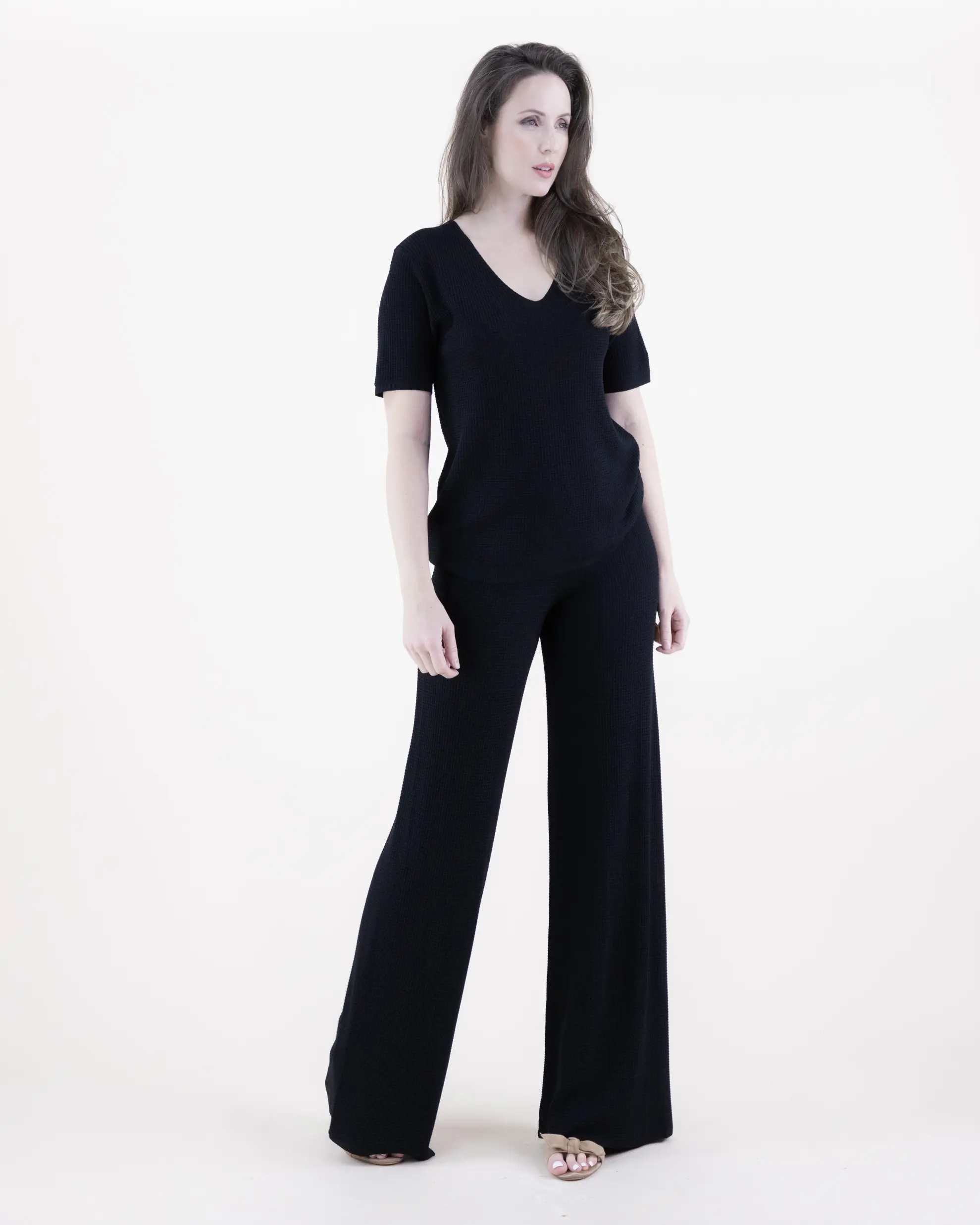 Women's Neutral V-Neck Short Sleeve Waffle Stitch Knit Blouse/ Scoop Neck Sleeveless Crop Top/ Wide Leg Pants Casual Fitted Shortsleeve Suits