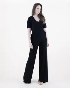 Women's Neutral V-Neck Short Sleeve Waffle Stitch Knit Blouse/ Scoop Neck Sleeveless Crop Top/ Wide Leg Pants Casual Fitted Shortsleeve Suits