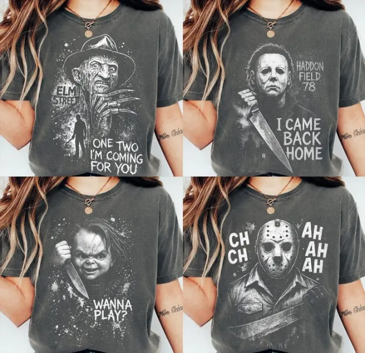 Women's Fitted Cotton Shortsleeve T-Shirt - Spooky Print Casual Horror Movie Character Graphic Top, Women's Clothes Halloween Fan Gift, Spooky Print Women's T-Shirts