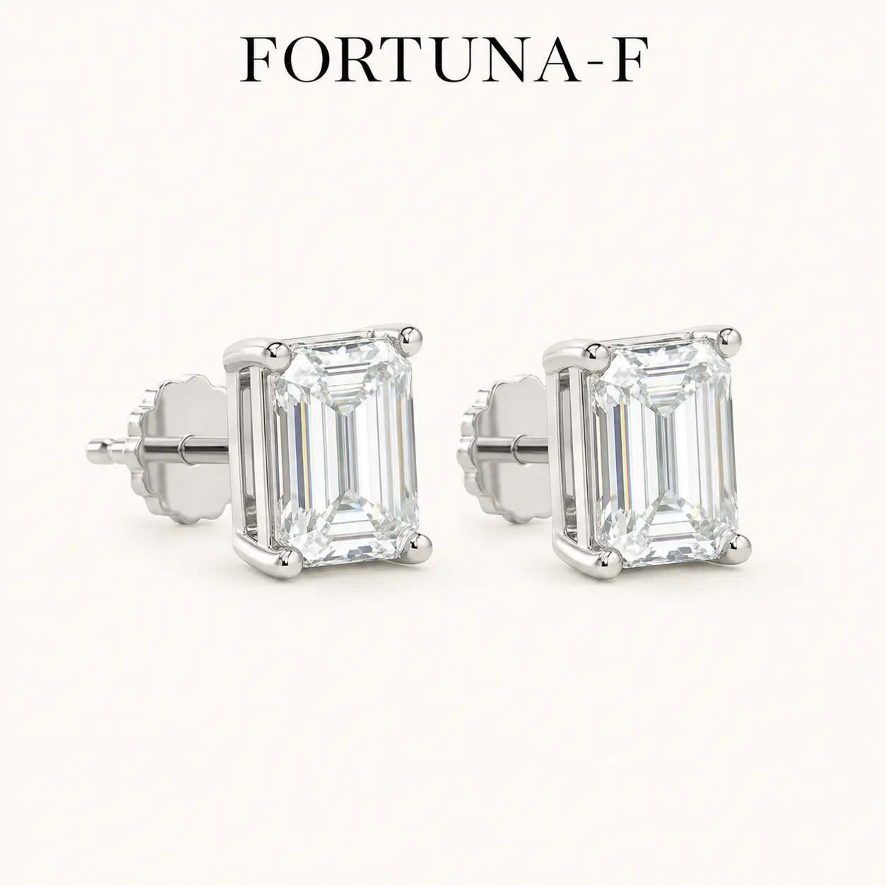 FORTUNA-F 2 CT TW Emerald Cut Moissanite Stud Earrings for Women, 5x7mm Classic Solitaire Earrings with Breathtaking Sparkle