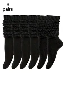 6 pairs of women's black long-leg pile-knit Casual Daily Socks for autumn and winter fashion versatile solid color calf socks
