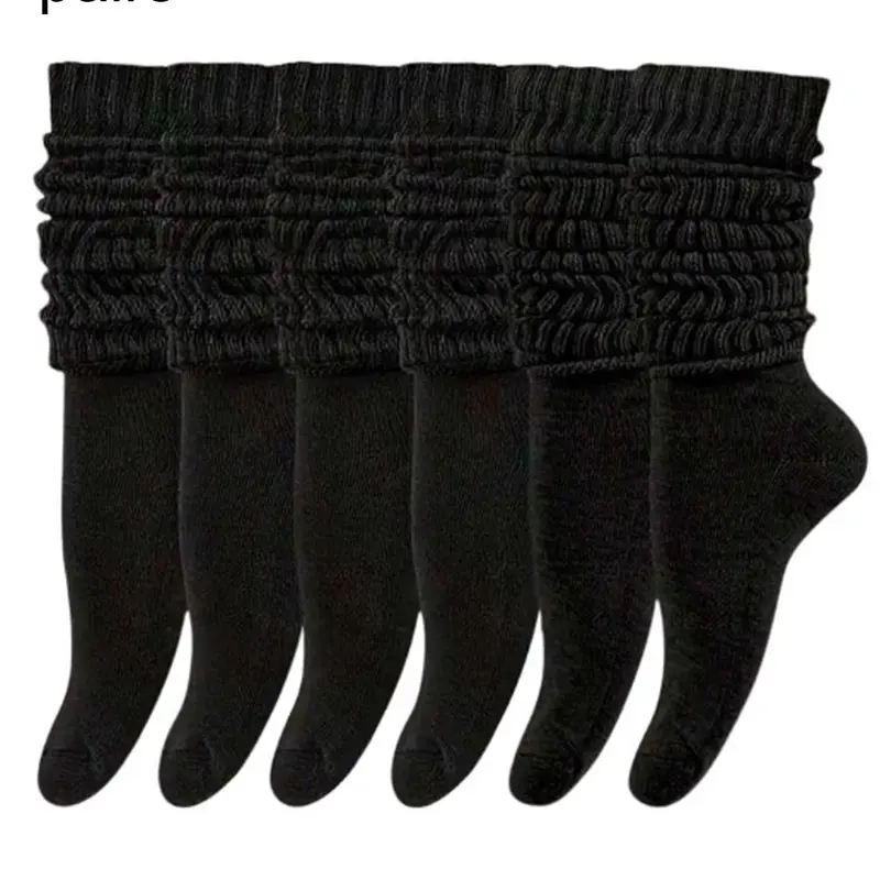 6 pairs of women's black long-leg pile-knit Casual Daily Knitted Socks Sock Packs for autumn and winter fashion versatile solid color calf socks