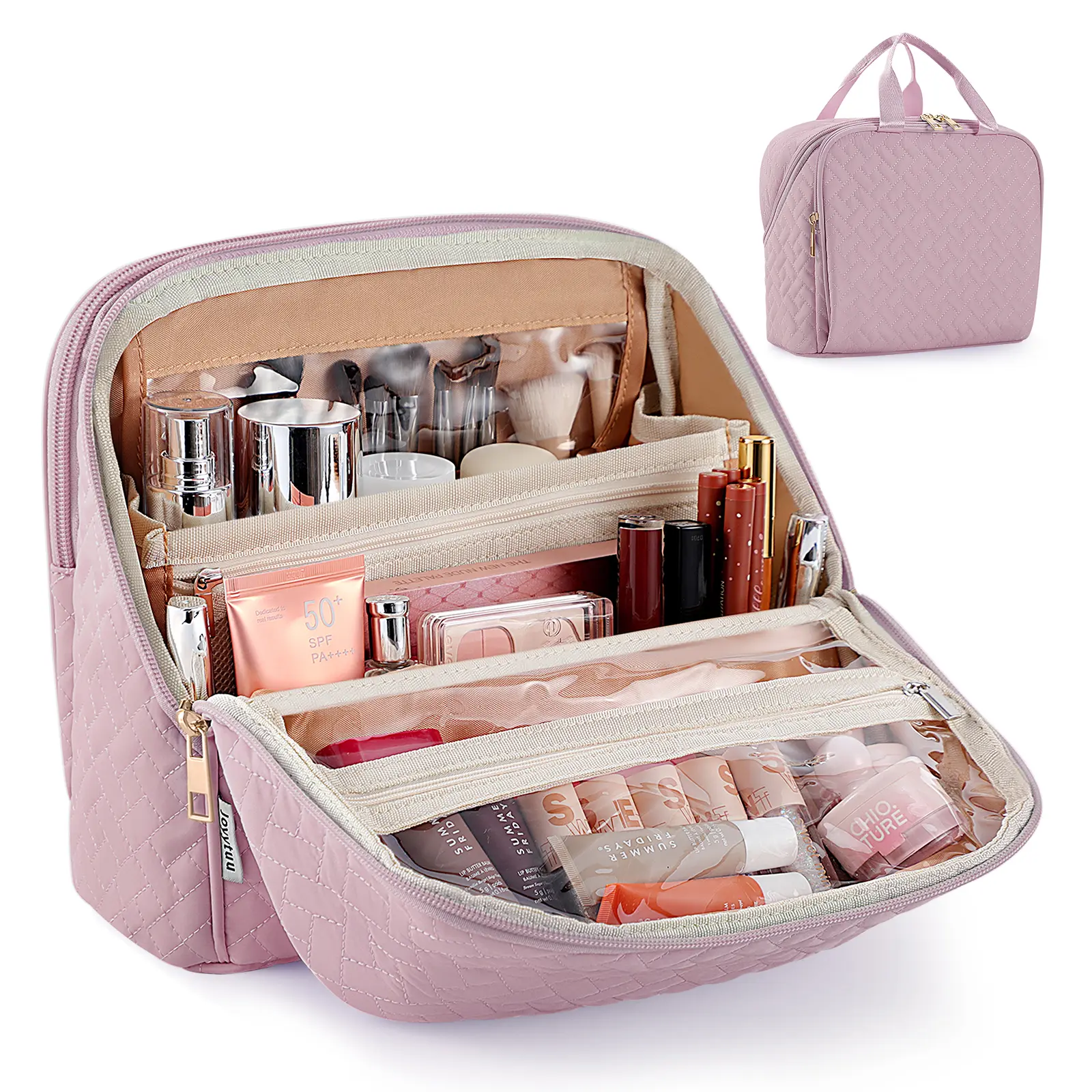 Makeup Bag, Large Capacity Travel Makeup Organizer, Portable Standing Make Up Case, Waterproof Cosmetic Toiletry Bags with Handle, Color Dusty Purple