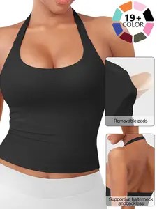 Women's Solid Removable Chest Pad Sports Tank Top, Casual Comfort and Durability Halter Neck Sports Top for Yoga Gym Workout, Ladies Sportswear for All Seasons, Backless Sports Vest, Hollow Back Activewear, Sleeveless Sports Top, Active Tops