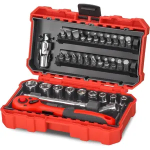 35 Pieces 1/4 inch Drive Socket Ratchet Wrench Set, Mini Ratcheting Wrench with Bit Socket Set Metric and Extension Bar for Auto Repairing