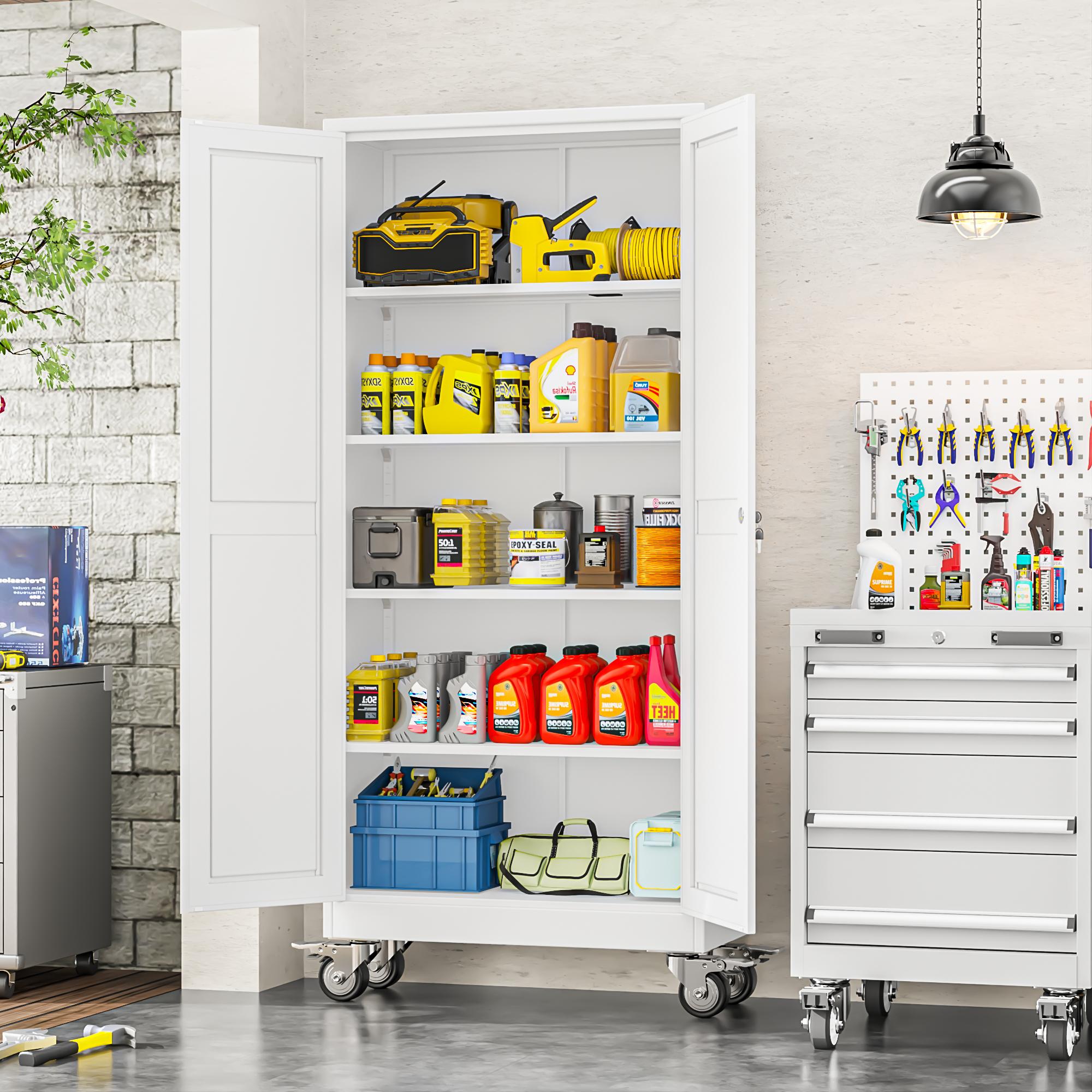 Heavy-Duty Metal Storage Cabinet with Wheels, 2-Door Steel File Cabinet with 5 Adjustable Shelves for Garage, Home Office & Warehouse Heavy-Duty Metal Storage Cabinet with Wheels, 2-Door Steel File Cabinet with 5 Adjustable Shelves for Garage, Home Office & Warehouse