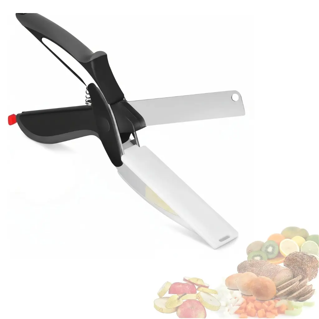 9.6 In Kitchen Cutting Scissors, Multifunctional Stainless Steel 2-in-1 Hand Tool with Plastic Cutting Board, Safety Lock, Veggie Cutter for Food Prep