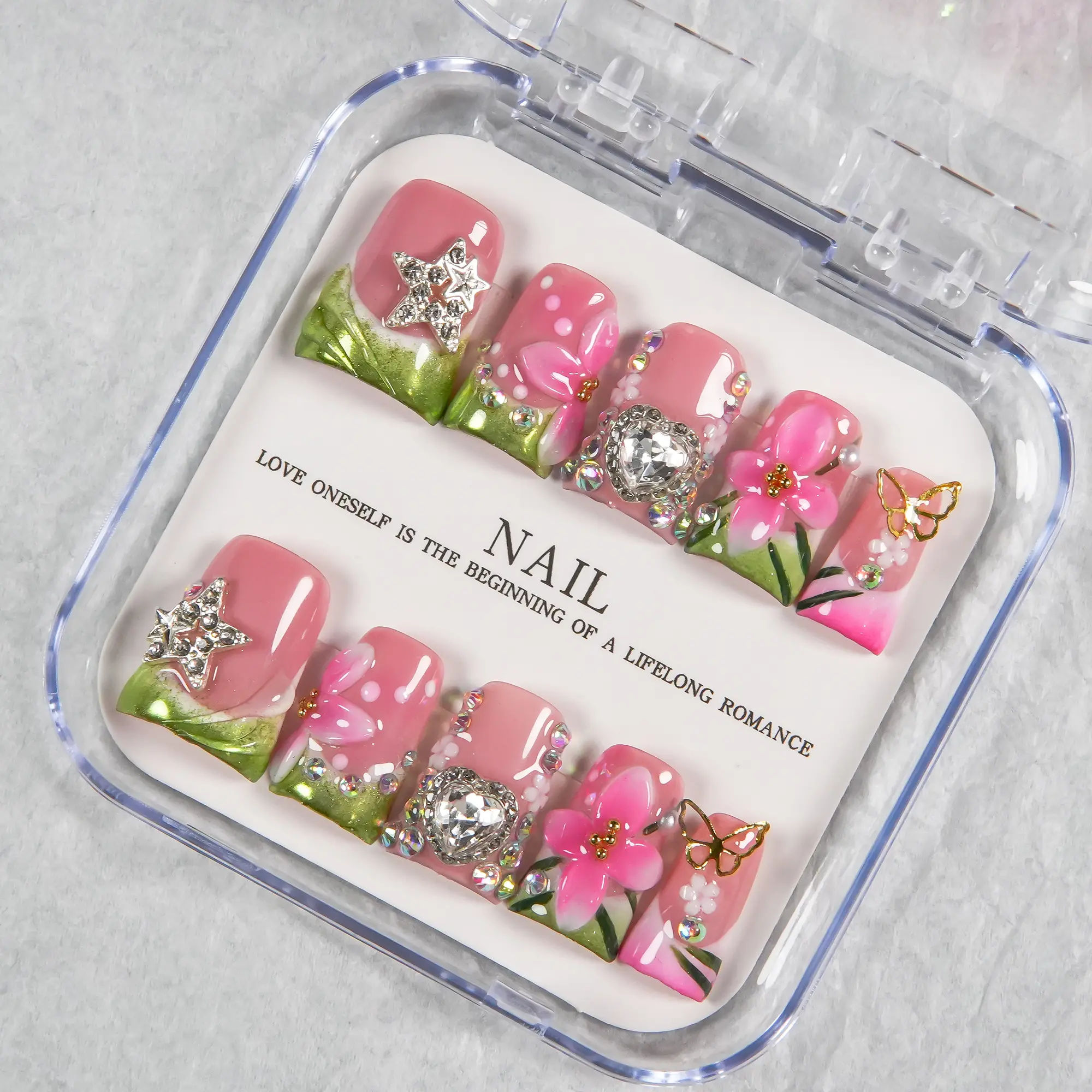 Short Square Press-on Nails in Matcha Green, Hand-Painted French Tips with 3D Cherry & Heart Rhinestones, Handmade Nail Supplies, French Look