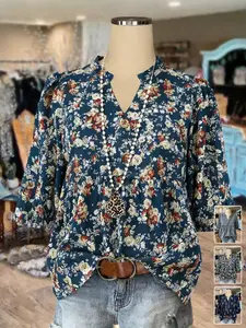 Plus Size Floral V Neck Bubble Sleeve Blouse, Loose Fit Slimming Top, Perfect for Breakfast Dates, Coffee Shops, Daily Commute, Weekend Outing