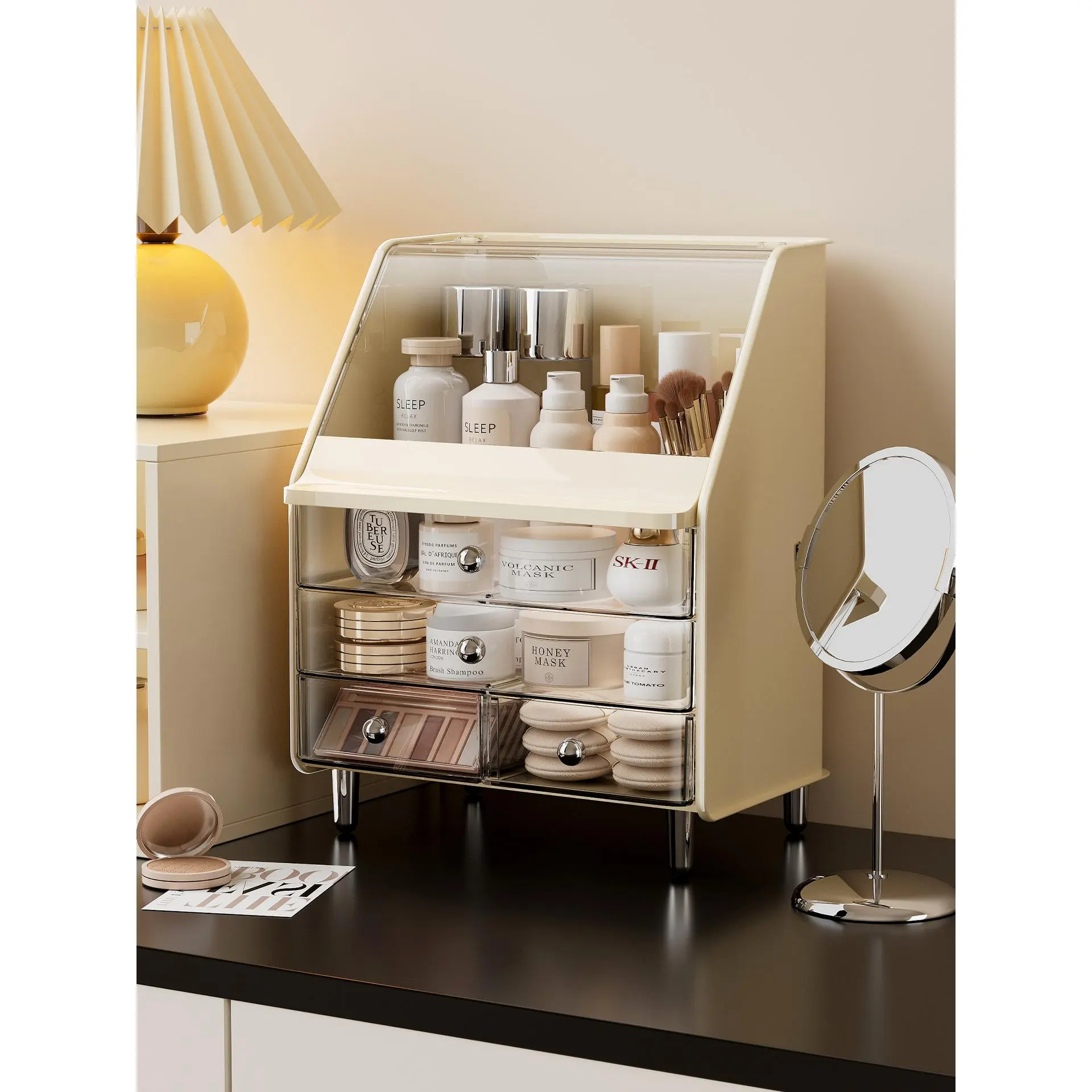 Light Luxury Plastic Rectangle Makeup Organizer with Flip-Top Dustproof Lid, Large Capacity, Pull-Out Drawers - Vanity Countertop Storage for Lipsticks, Skincare, Brushes (Home Organizer Box)