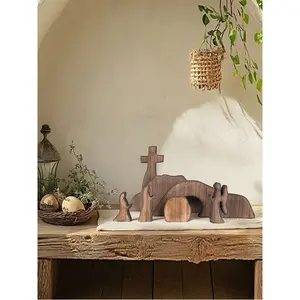 7-piece Easter scene and cross decoration set, wooden Easter scene cross and Jesus tomb tray set, Nativity scene decoration, suitable for religious venues, home desks, Christian gifts, home decor, and Easter holiday table decorations for cemeteries