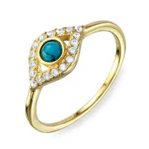 CZ Crystal Evil Eye with Turquoise Bead Ring - 925 Sterling Silver