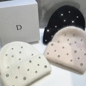 1 solid color imitation rabbit hair and rhinestone urine cap, warm, thick, fashionable, multifunctional and cute knitted cap, suitable for both men and women, super soft and comfortable, suitable for use in autumn and winter, Cute Beanie Hat
