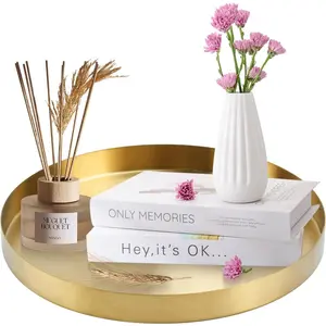 12 Inch Golden Round Stainless Steel Decorative Serving Vanity Platter Tray for Domestic Use Home Decor Centerpiece