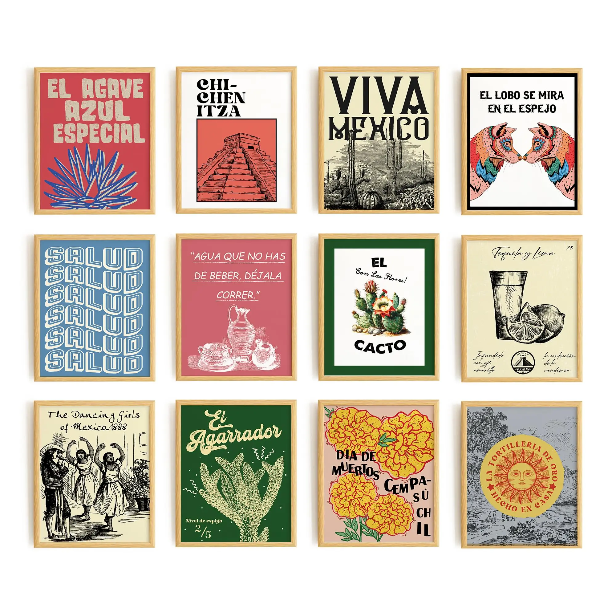 Set 12 Cactus Wall Art Colorful Wall Decor, Mexican Home Decor Artwork For Walls Living Room, Mexico Wall Art Poster, Day Of The Dead Decoration Vintage Aesthetic Mexican Artwork (UNFRAMED)