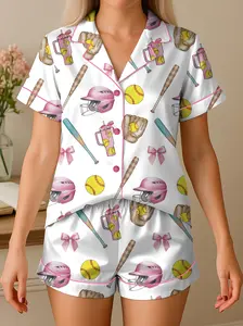 Softball Satin Pajamas Set, Women's White Satin Pajama Set – Softball Print Sleepwear, Sporty Summer Loungewear