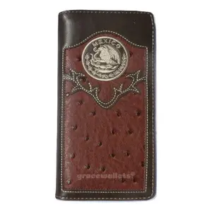 Men's Western Bifold Checkbook Wallet Brown Leather with Mexico Design Rugged Craftsmanship Cash Bill Pockets