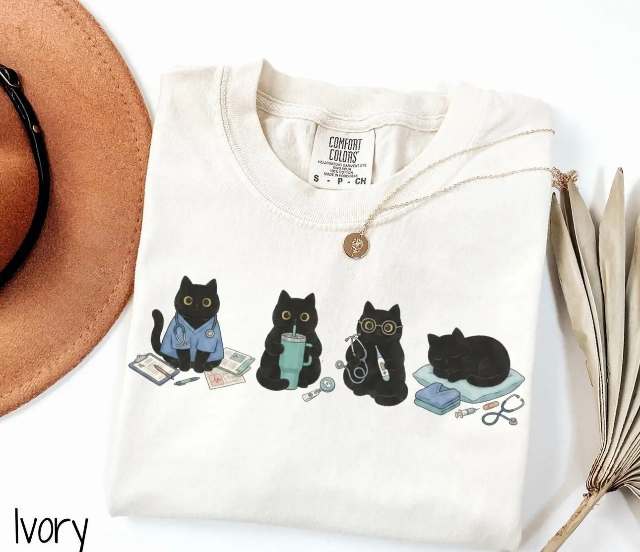Comfort Colors Black Cat Nurse T-Shirt, Cute Kitten RN Graphic Tee, Nursing Cat Shirt, Funny Medical Assistant Top, Spooky Vet Tech Cat Lover Outfit, Halloween Nurse Student Apparel, Cute Healthcare Worker Clothing, Gift for Women & Men