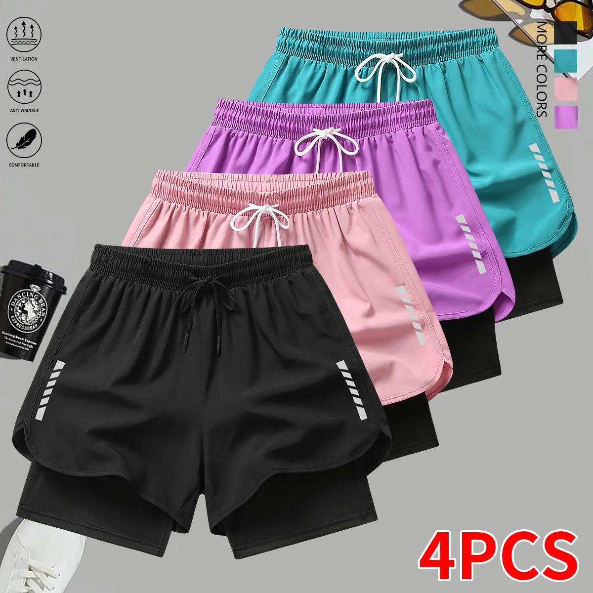Set of 4 women’s shorts: comfortable, breathable, striped print, lined; casual summer shorts; women’s clothing; summer women’s wear; summer apparel; summer shorts