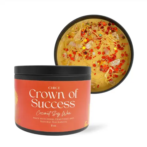 Circe Boutique Crown of Success Spell Candle 8 oz | Citrine Crystal & Marigold Herb Infused | Coconut Soy Wax, White Florals & Sandalwood Scent | Manifestation Ritual Candle 50 Hr Burn