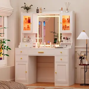 Vanity Desk with Mirror and Lights, Large Vanity Table Set with Charging Station, Dressing Table with RGB Cabinets,  Vanity Mirror with Light Desk and Drawers, 3 LED Light Modes Makeup