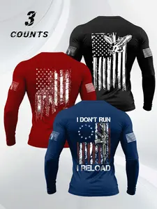 3-Pack Vintage Flag Print Tight Long Sleeve Shirts, Tactical Military Style, Stretch Fit, Multi-Color Men's Workout Tops, Workout Summer Clothes