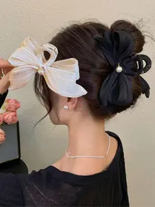 Women's Elegant Bowknot Design Hair Claw, Faux Pearl Decor Cute Trendy Hair Claw, Fashionable Hair Accessories for Messy Bun, Daily & Party Decoration