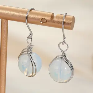 Wire Wrapped Opalite Sphere Dangle Earrings Lightweight Silver Tone Gifts for Women Mother's Day Gift Ideas