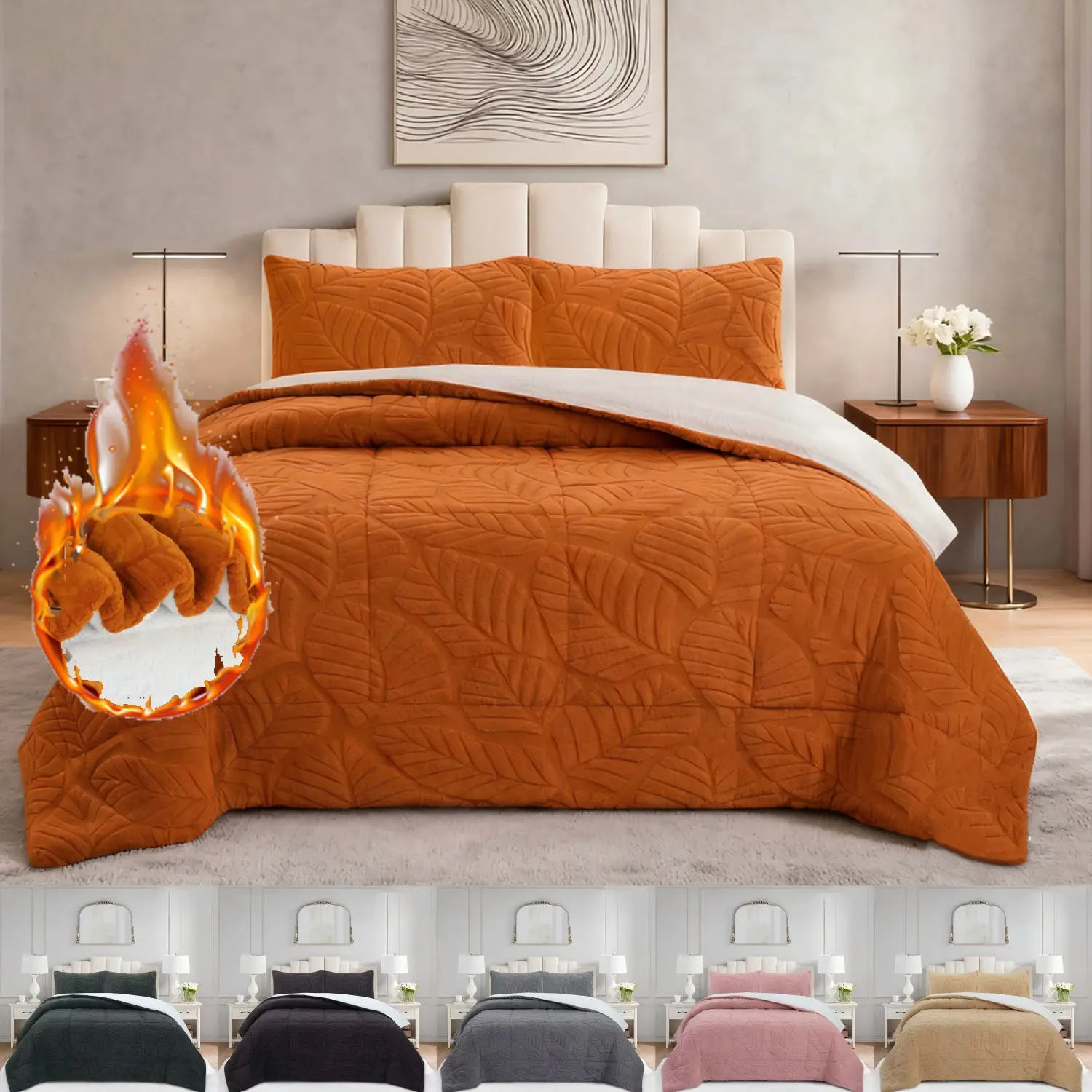 3 Pieces Leaf Fluffy Comforter Set - Super Soft Sherpa Comforter for Bed, Luxury Warm Bedding Set for Winter
