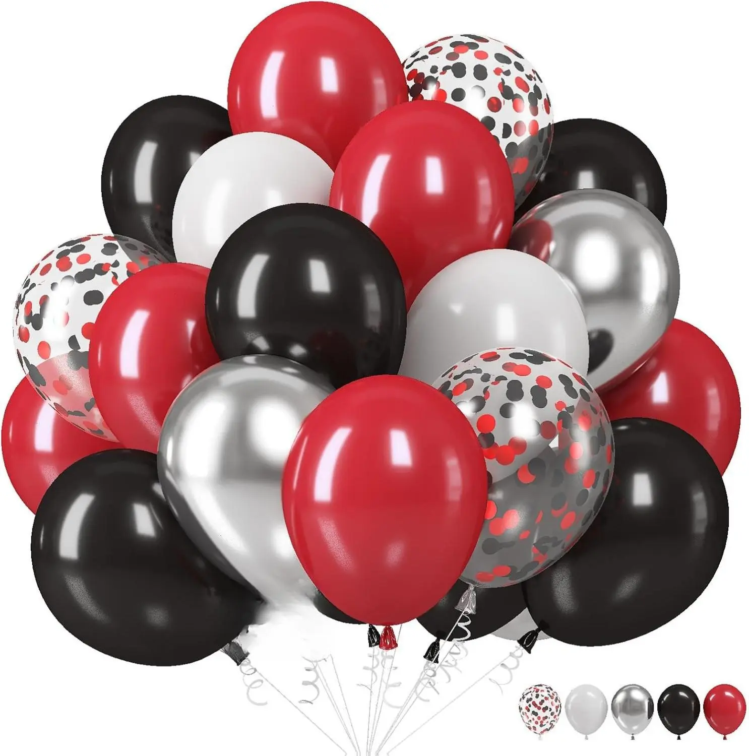 Black Red Silver Balloons, 12 Inch Black Red White Latex Balloons Black Red Silver Confetti Balloons Party Decoration for Birthday Race Car Party Graduation Engagement Anniversary