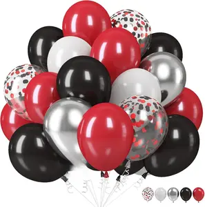 Black Red Silver Balloons, 12 Inch Black Red White Latex Balloons Black Red Silver Confetti Balloons Party Decoration for Birthday Race Car Party Graduation Engagement Anniversary