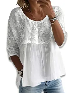 Women's Romantic Eyelet Embroidery Blouse - Boho Chic V-Neck Summer Top with Scalloped Hem - Relaxed Fit Short Sleeve Shirt
