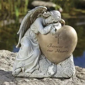Sleeping Angel Over a  Memorial Heart Garden Statue 12 1/4"