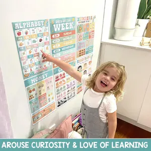 [FreeGift] Boho Groovy Educational Posters for Preschoolers - 16 pcs Laminated Learning Charts for Toddlers 1-3-5 Homeschool & Classroom Decor with Unique Themes Alphabet Numbers Colors Shapes Emotions Months Seasons Days of the Week