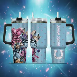 40oz Stainless Steel Reusable Insulated Tumbler Water Bottle - Steel Ball Run Inspired Johnny Joestar Anime Manga Cup, with Handle, Straw, Lid, Aesthetic Star Wrap Design, Personalized Name Travel Bottle, Gift for JoJo Fans, Water Bottles, Bottles