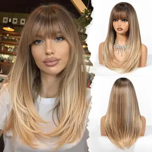 AISI HAIR Long Straight Layered Blonde Wig with Bangs 20 Inch Synthetic Natural Hair Wig Soft Heat Resistant Long Wigs for Women Daily Party Use