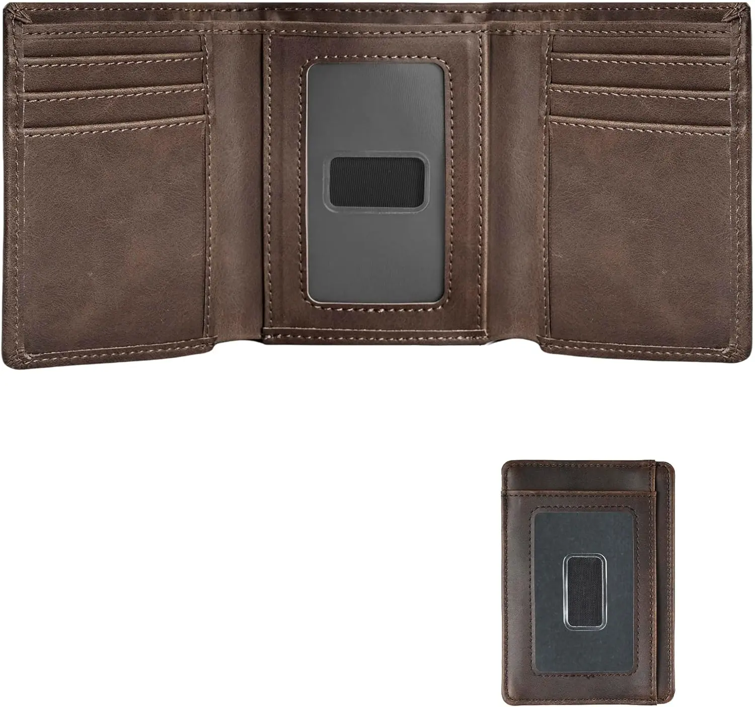 Trifold Wallet for Men, Leather Wallets with 8 Card Slot and 2  Pocket and 1 Clear Photo Slot + 1 Minimalist Leather Card Pocket with 6 Card Slot and 1 Transparent Windows Slot - Coffee