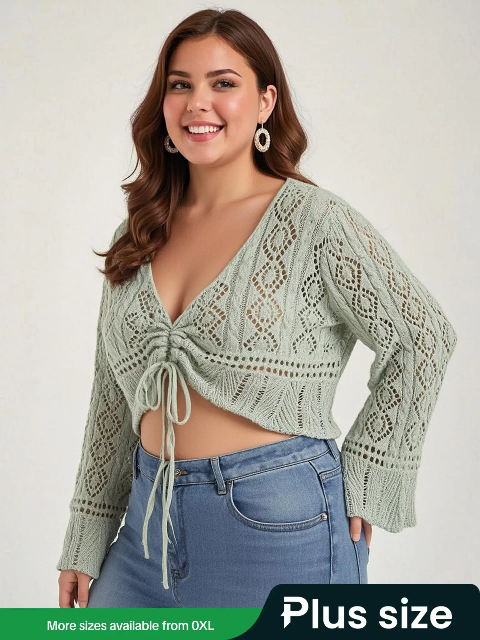 【plus Size】 Hollow Out Drawstring Sheer Longsleeves Cardigan, Lady Elegant Flounce Sleeve V Neck Knitwear Casual Fashionable Top for Spring & Fall, Wo