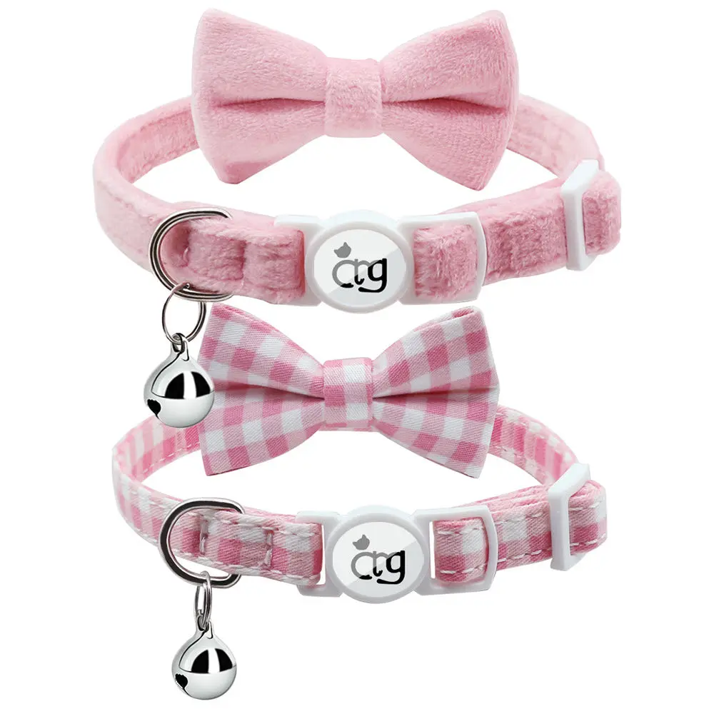 ANG Personalized Breakaway Cat Collars Bell Bowtie,Safety Quick Release Kitty Collars for Girls Boys Cats Bundle of two-Velvet and Denim fabric
