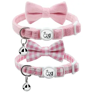 ANG Personalized Breakaway Cat Collars Bell Bowtie,Safety Quick Release Kitty Collars for Girls Boys Cats Bundle of two-Velvet and Denim fabric