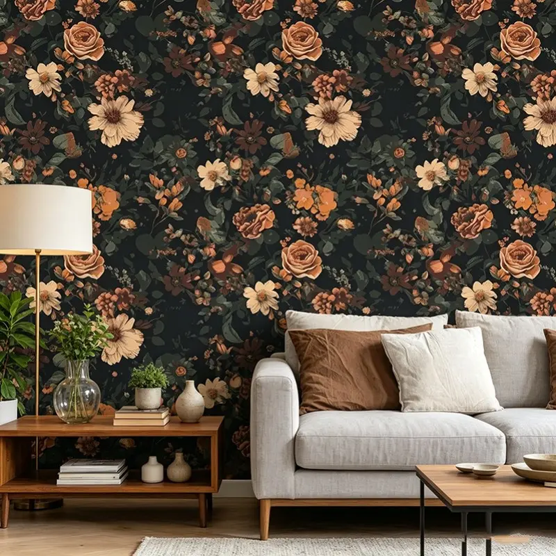 Peel & Stick Dark Floral Wallpaper, Moody Vintage Rose Print, Removable Waterproof Vinyl Mural, Boho Living Room Decor